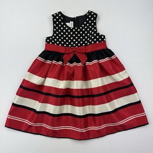 Bonnie Jean Girls Dress 4T Black Polka Dot Red White Stripe Holiday Party Bow